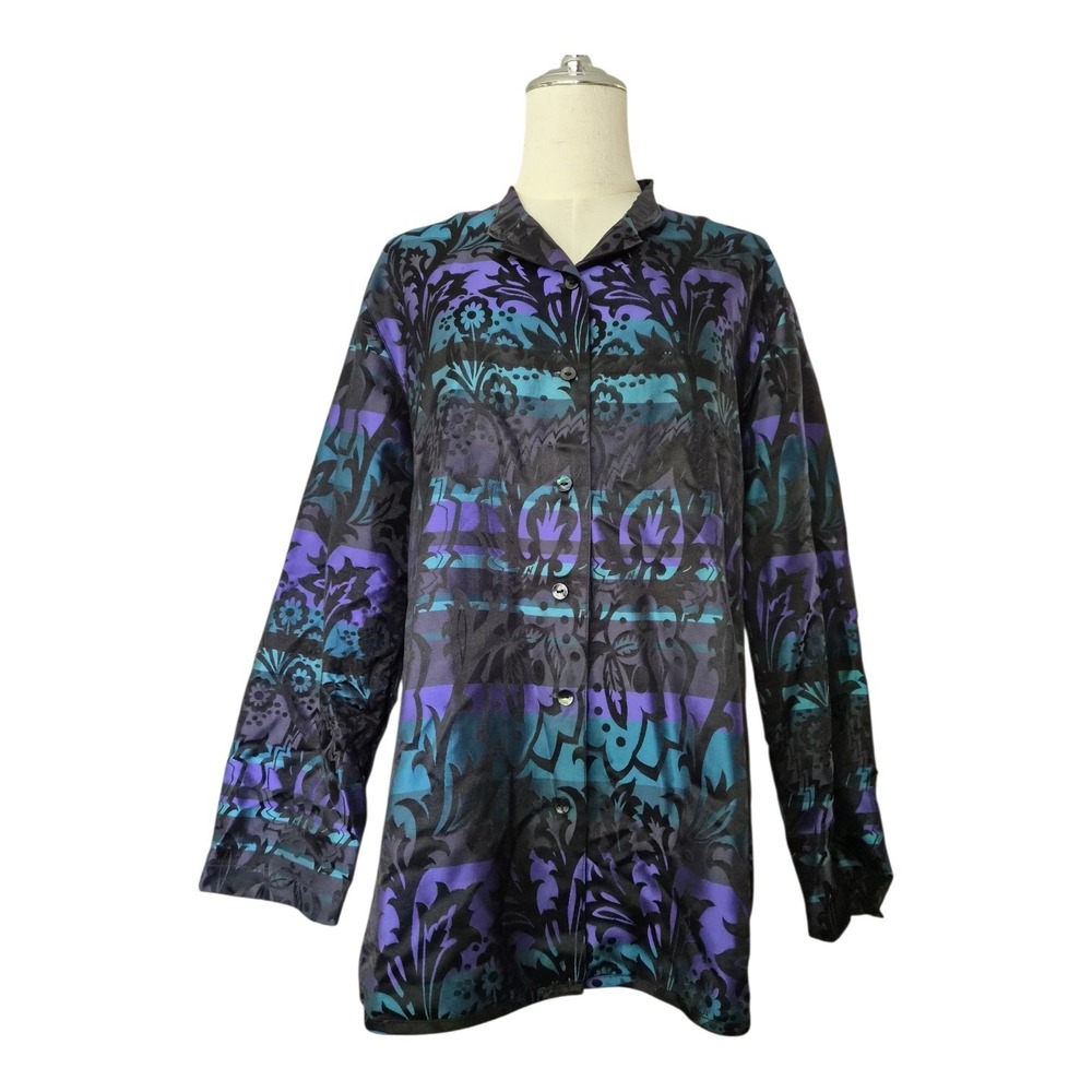 Chico's Design 100% Silk Blouse Jacket Women's Size 2 Purple Teal Artsy Boho